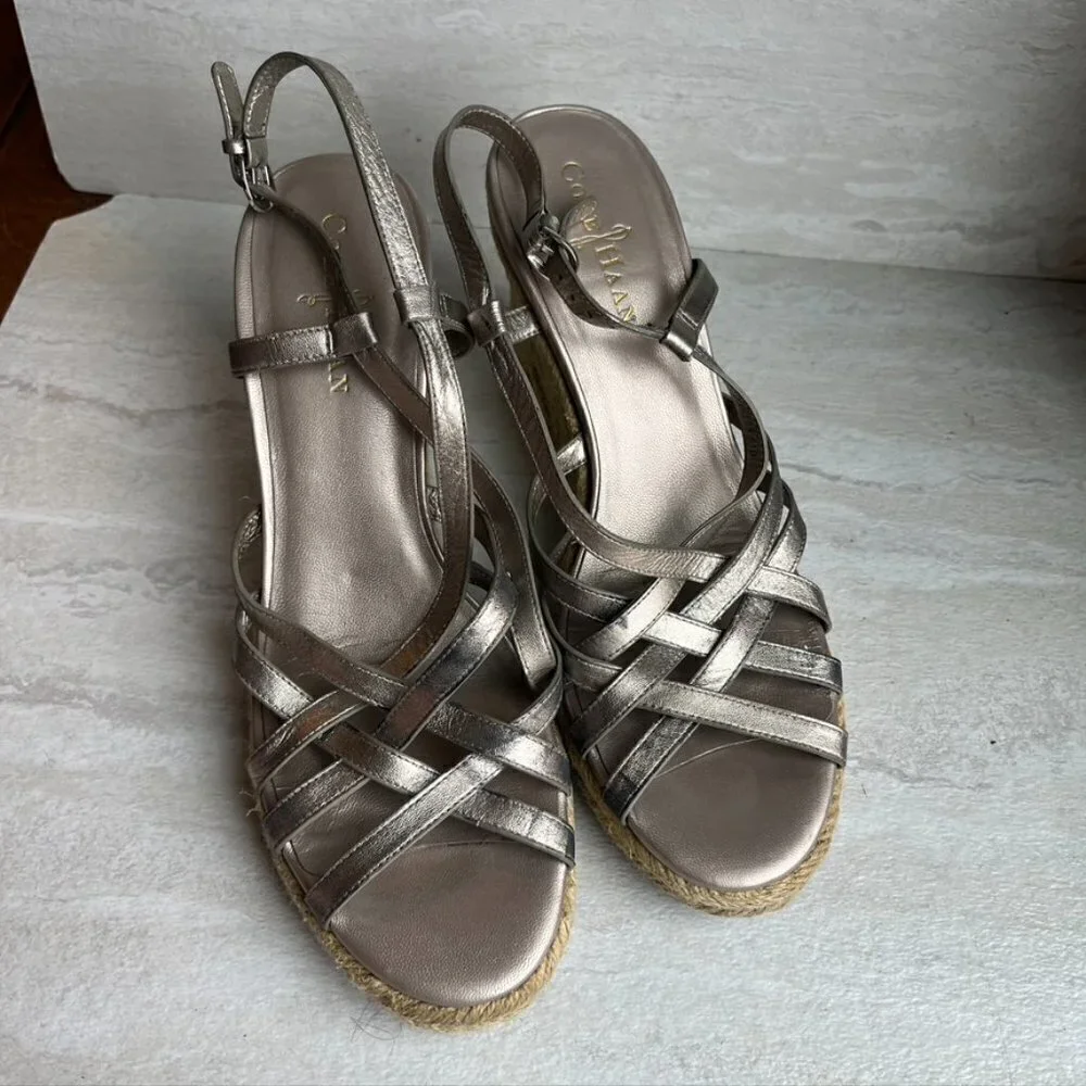 ** Cole Haan Strappy Silver Metallic Espadrille Wedge Sandals Size 8.5B